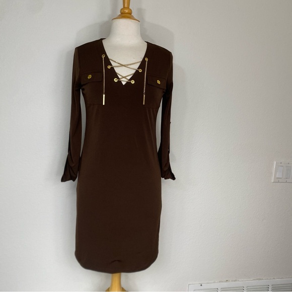 Michael Michael Kors Women's Brown Jersey Shift Dress Size XS Classic Preppy - Picture 1 of 15
